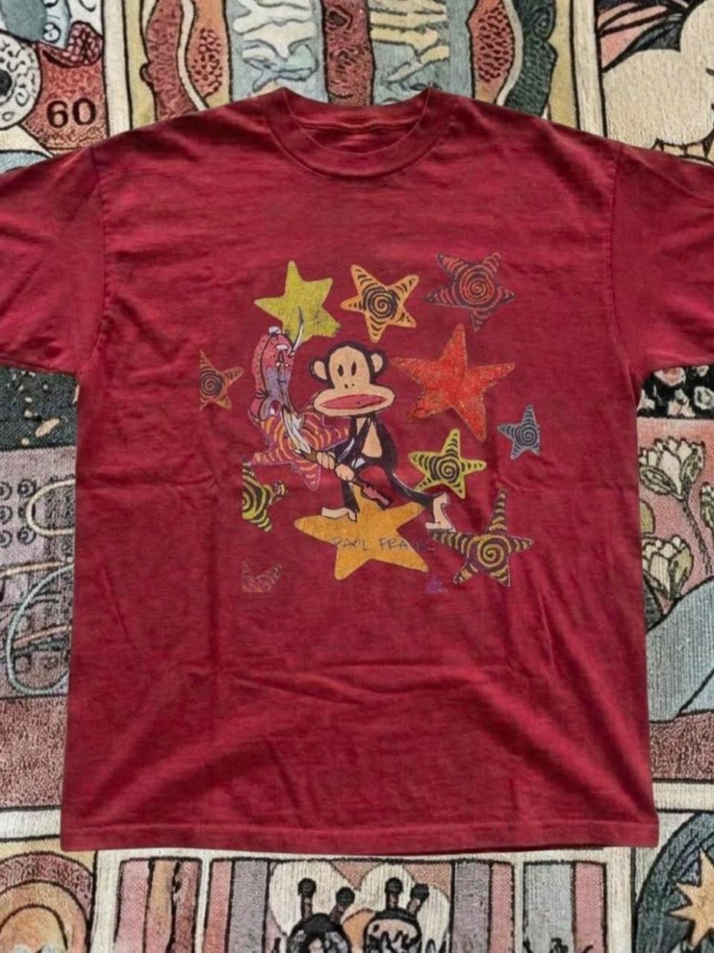Gildan Red Graphic Tee with Multicolor Star and Monkey Motif